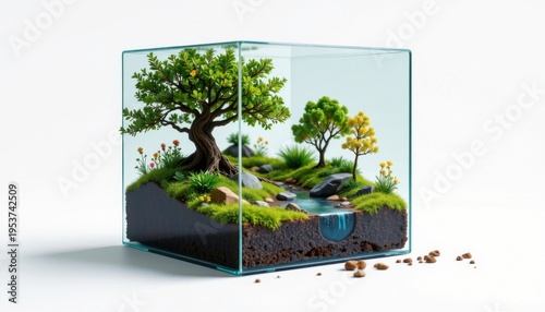 high resolution isolated miniature desktop nature world featuring a ancient forest within a transparent cube, with tiny rocks and natural debris, delicate lighting gradients