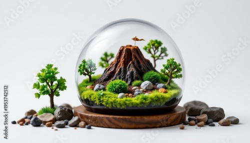 high resolution isolated miniature desktop nature world featuring a volcanic terrain inside a glass dome, with mini wind swept grass, tiny rocks and natural debris