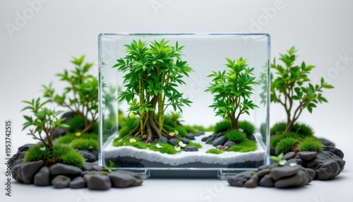 high resolution isolated miniature desktop nature world featuring a bamboo grove inside a clear acrylic box, with tiny glowing elements, miniature trees with fine leaf detail