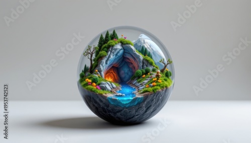 high resolution isolated miniature desktop nature world featuring a crystal cave inside a floating orb, with tiny glowing elements, subtle seasonal color variation, and layered terrain textures