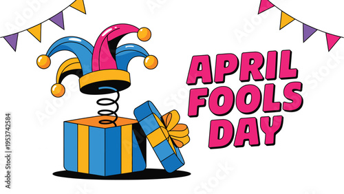 April Fools Day jack in the box with jester hat and gift colorful playful illustration festive humor holiday greeting design isolated on light background