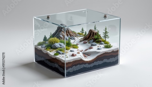 high resolution isolated miniature desktop nature world featuring a arctic tundra inside a clear acrylic box, with layered terrain textures, tiny rocks and natural debris
