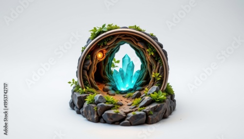 high resolution isolated miniature desktop nature world featuring a crystal cave within a metallic ring frame, with natural erosion patterns, tiny glowing elements, and micro pathways and trails