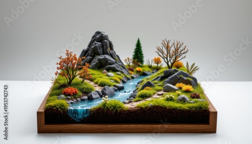 high resolution isolated miniature desktop nature world featuring a river delta inside a wooden frame enclosure, with subtle seasonal color variation, tiny rocks and natural debris