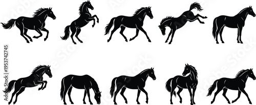 Professional Horse Silhouette Set Featuring Galloping Jumping and Trotting Stallions for Equestrian Sports and Ranch Nature Design Projects