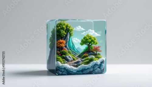 high resolution isolated miniature desktop nature world featuring a crystal cave within a transparent cube, with subtle seasonal color variation, mini clouds or fog effects