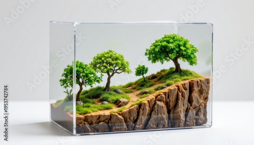 high resolution isolated miniature desktop nature world featuring a coastal cliff inside a clear acrylic box, with miniature trees with fine leaf detail, natural erosion patterns