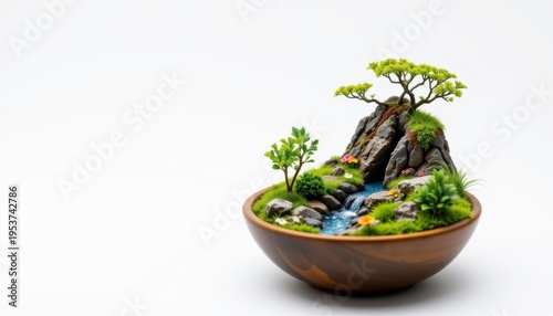 high resolution isolated miniature desktop nature world featuring a rocky canyon inside a ceramic bowl, with mini wind swept grass, mini clouds or fog effects, and small reflective water pools