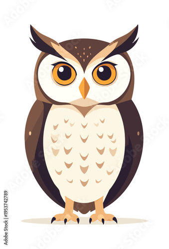 Cute brown owl with big yellow eyes isolated on white background. Wild forest bird in flat style. Vector illustration for nature design, kids educational books, and wildlife conservation. Vector.