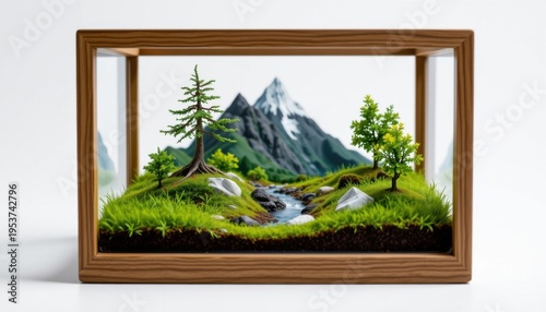 high resolution isolated miniature desktop nature world featuring a glacier field inside a wooden frame enclosure, with intricate root systems visible, mini wind swept grass