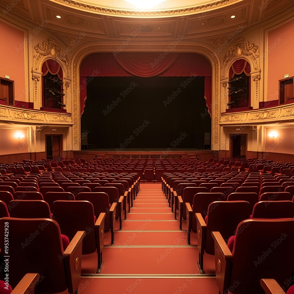 Fototapeta premium Empty Theater Auditorium with Red Seats and Stage Curtain