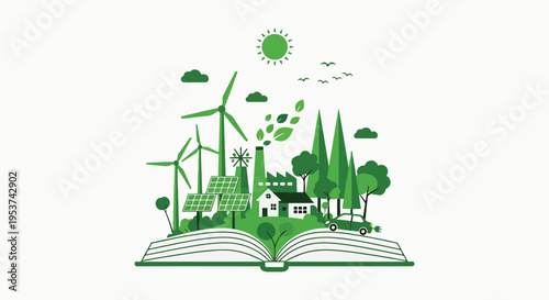 Green city and sustainable lifestyle vector illustration of an open book with eco-friendly buildings, wind turbines, solar panels, and trees