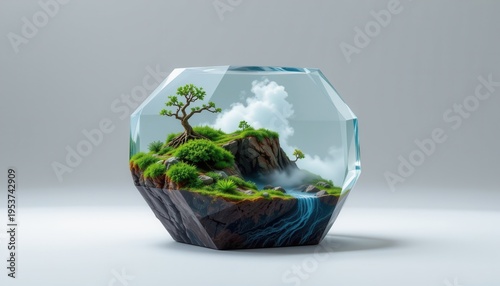 high resolution isolated miniature desktop nature world featuring a coastal cliff within a crystal prism, with intricate root systems visible, tiny flowing water streams