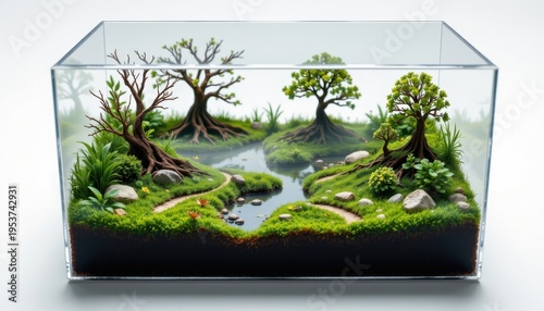 high resolution isolated miniature desktop nature world featuring a mystic swamp inside a clear acrylic box, with small reflective water pools, micro pathways and trails