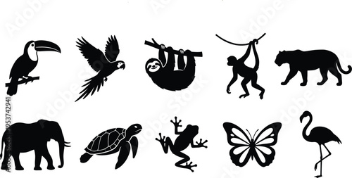 Professional Diverse Wildlife Silhouette Set Featuring Elephant Parrot Sloth Monkey Butterfly and Sea Turtle for Nature Conservation and Biodiversity Design Projects