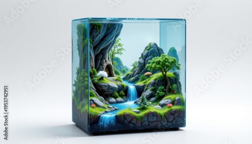 high resolution isolated miniature desktop nature world featuring a crystal cave within a transparent cube, with tiny flowing water streams, mini clouds or fog effects, and tiny flowing water streams