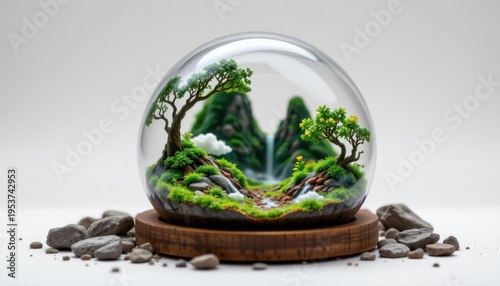 high resolution isolated miniature desktop nature world featuring a lush rainforest inside a glass dome, with tiny rocks and natural debris, mini clouds or fog effects, and natural erosion patterns