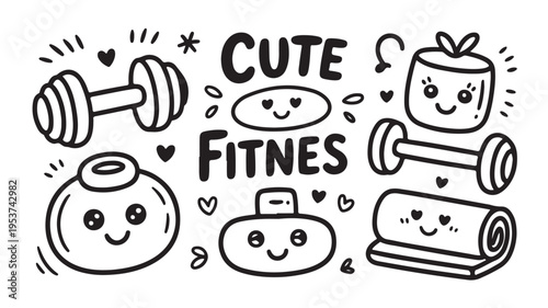 Cute Fitness Icons With Smiling Faces And Dumbbells For Healthy Lifestyle Concepts