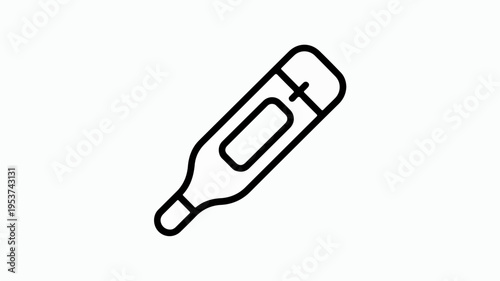 Digital thermometer icon with temperature display and probe tip simple black line art on white background for medical or health concepts