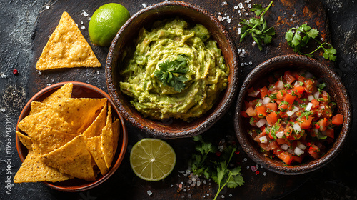 Tableau sur toile A bowl of guacamole and chips with salsa