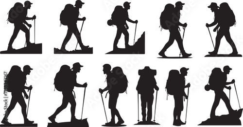 Hikers in various poses on mountain trails walking