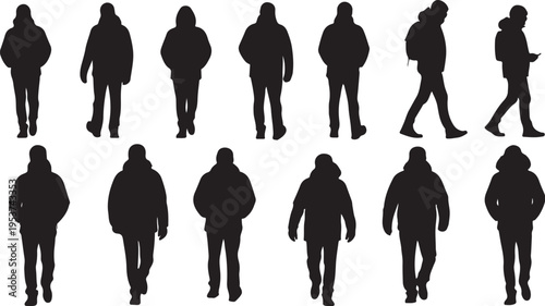 Silhouettes of people walking in various poses sequence