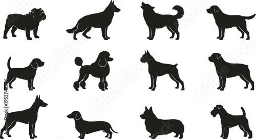 Professional Dog Breed Silhouette Set Featuring Bulldog German Shepherd Golden Retriever Poodle and Beagle for Pet Care and Veterinary Design Projects