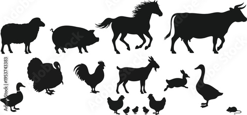 Variety of farm animal silhouettes including sheep, pigs, horses, cows, chickens, goats, rabbits, and ducks, ideal for agricultural or rural-themed design