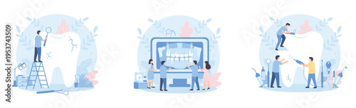 Flat vector illustration set depicting dental professionals examining and treating damaged teeth Vector