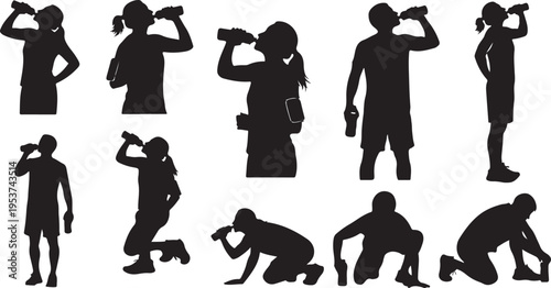 Silhouettes of people in various poses and actions