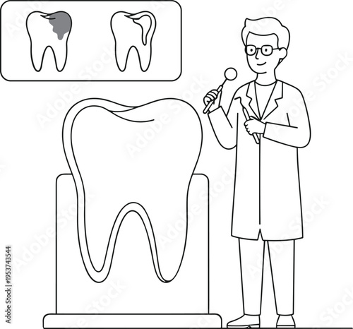A male dentist explaining the process of tooth decay and dental treatment with a visual diagram Vector
