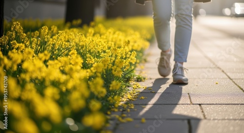 This is a photo of human feet walking among bright yellow flowers in full bloom along the sidewalk.