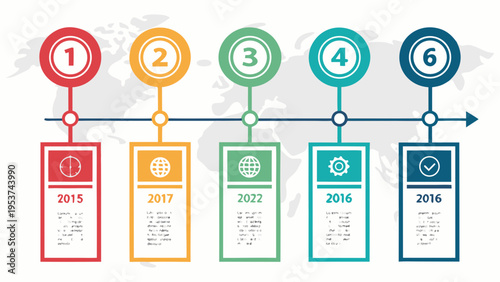 A colorful vector graphic illustrating a timeline with six numbered steps and corresponding icons