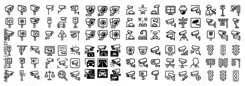 Security icons with camera monitor minimal line