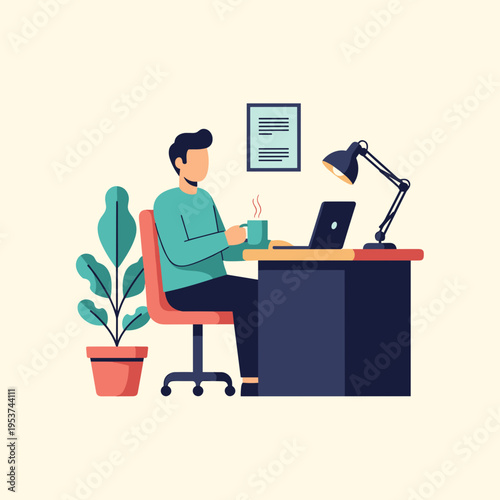 Man works on laptop at desk with lamp and plant nearby daily