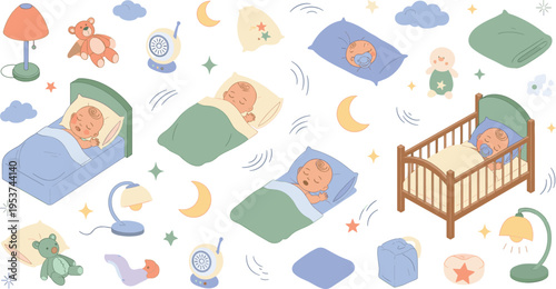 Sleeping Baby Night Routine Collection with Newborn Infants in Bed Crib and Blanket with Moon and Stars Cartoon Vector Illustration Style.