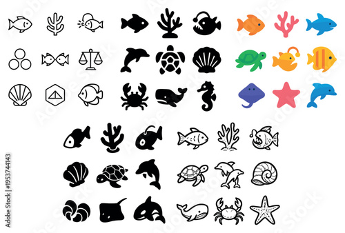 Marine icons with fish turtle crab colorful flat
