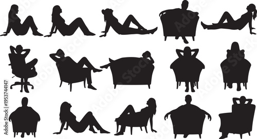 Silhouettes of people sitting in various chairs relaxed