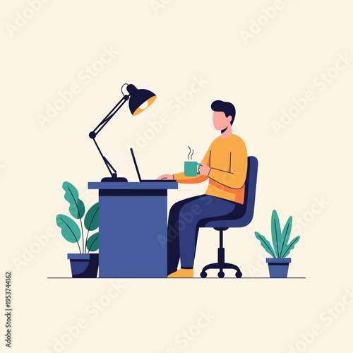 Man working on laptop at desk with lamp and plants nearby