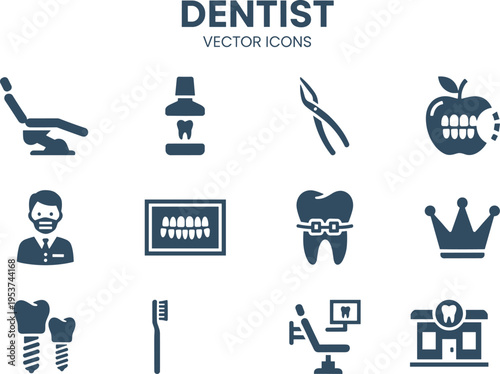 A collection of twelve professional dental vector icons representing various oral care services Vector