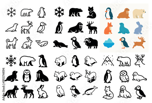 Arctic animals icons with penguin bear seal minimal