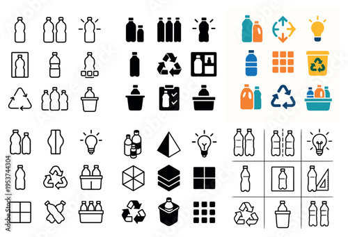 Recycling icons with bottle cup recycle flat