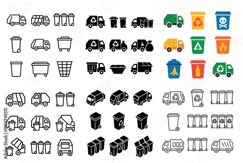 Waste management icons with bins trucks flat