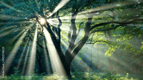 Sunlight streaming through dense forest canopy with rays illuminating lush green trees in serene