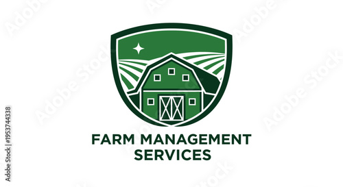 Agricultural Management Shield with Barn and Rolling Hills Landscape