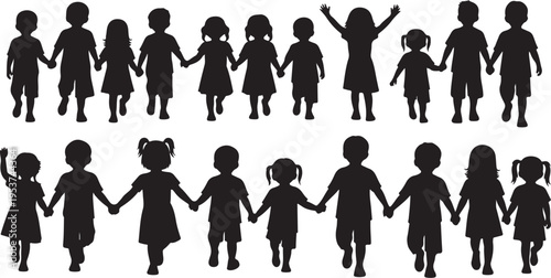 Children Silhouettes Holding Hands in a Line Formation