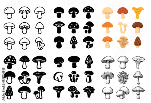Mushroom icons with cap stem gill minimal