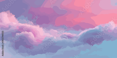 An abstract watercolor landscape captures a serene blue sky with soft white clouds drifting over distant mountains during a vibrant summer sunrise