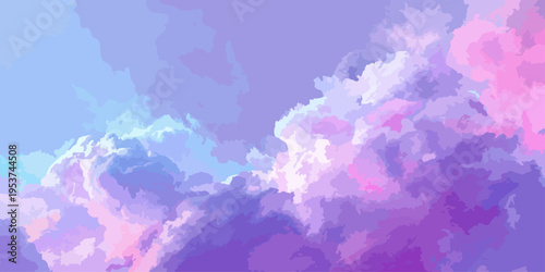 Abstract blue watercolor background featuring a beautiful summer sky with white clouds and a vintage paper texture