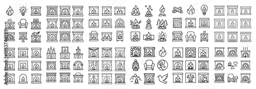 Fireplace icons with mantel flame logs outline